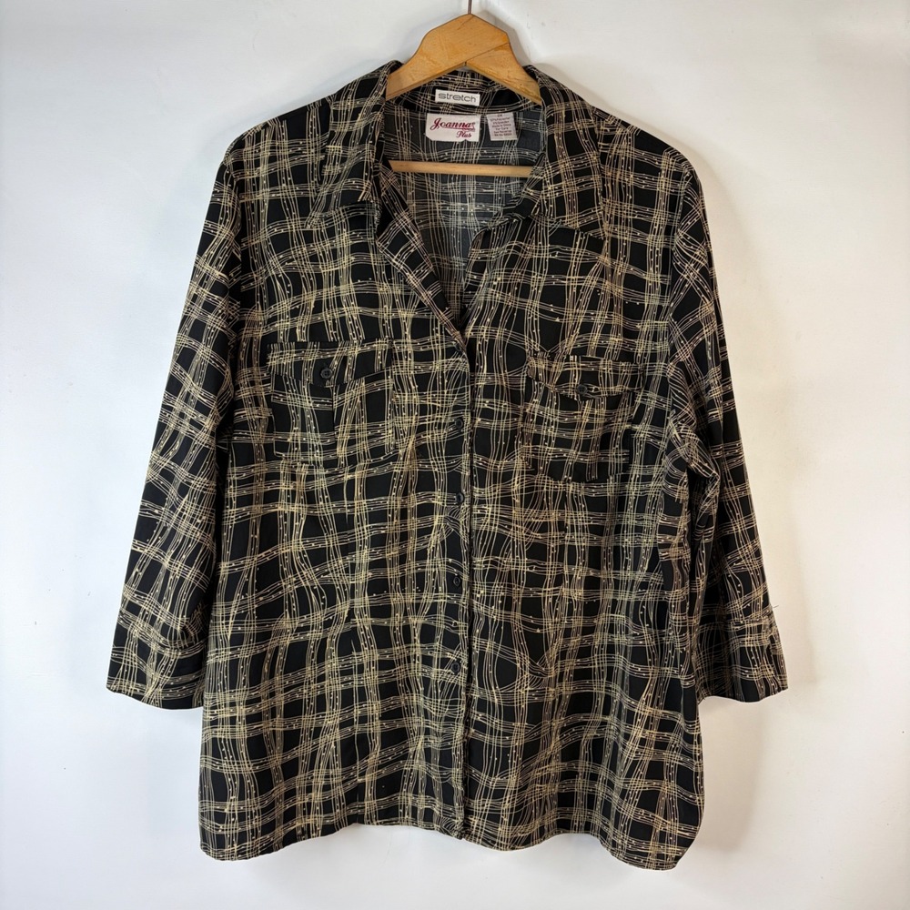 Joanna Plus Button Down Shirt Women 2X Black Tan Abstract Stretch 3/4 Sleeve
